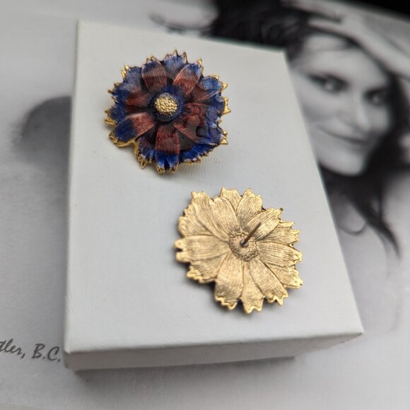 1980s Enamel Flower Pierced Post Earrings Purple Blue Glam Diva Artsy Gold Plt - Picture 9 of 9